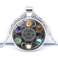 Mystical pentagram magic circle necklace with elemental symbols in glass cabochon - Six Elements Magic Circle (JY008541-3)