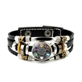 Black leather punk bracelet with pentagram magic circle and vintage metal beads - Natural Element Symbol Style (JY008542-3)