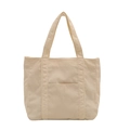 Minimalist beige corduroy tote bag with dual handles and front pocket on white background - White