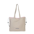 Minimalist beige canvas tote bag with pink drawstring closure and blue embroidery - Off White