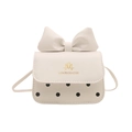 Mini white crossbody bag for girls featuring a 3D bow and classic black polka dot pattern - White