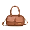 Sac à main Boston marron avec deux poches avant et bandoulière réglable, finitions dorées - Marron