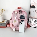Pink cartoon cat backpack for kids with mini round fish coin purse and side pocket - Pink