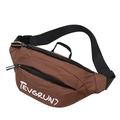Dark brown sporty crossbody saddle bag with white Tevgrun7 text and adjustable black strap - Brown