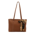 Borsa tote marrone retrò con cuciture a contrasto bianche e sciarpa di seta vintage elegante - Cuoio