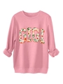 Détail macro de l'imprimé floral GIGI sur un sweat-shirt rose à col rond et manches longues - S / Pêche