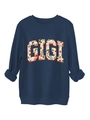 Détail des poignets côtelés et de l'imprimé floral GIGI sur le sweat-shirt bleu marine - S / Bleu Marine