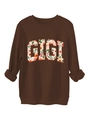 Détail de l'imprimé floral GIGI sur sweat marron avec revers aux poignets - S / Café