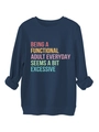 Detail of navy sweatshirt showing functional adult slogan and ribbed sleeve cuffs texture - S / Navy Blue