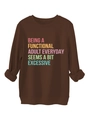 Detail of warm brown cotton sweatshirt with colorful slogan print and ribbed cuffs - S / Coffee