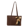 Borsa tote marrone in pelle con cuciture bianche a contrasto e sciarpa di seta decorativa - Marrone Scuro