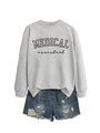 Flat lay of a grey Medical Assistant sweatshirt paired with distressed denim shorts - Grey Sweatshirt (Black Font)