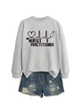 Detailed flat lay of grey Nurse Practitioner sweatshirt with denim shorts and medical logo - Grey (Black Font)