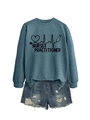 Detailed view of Nurse Practitioner sweatshirt with stethoscope heart print and frayed shorts - Blue (Black Font)