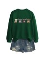 Detail of dark green crewneck sweatshirt featuring four highland cow cartoon illustrations - S / Dark Green