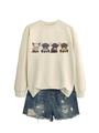 Detail of cream sweatshirt with four highland cows print and distressed denim shorts - S / Sand