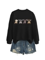 Flat lay of black sweatshirt with four highland cows and ripped denim shorts - S / Black