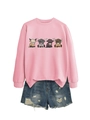 Pink round neck sweatshirt set for women featuring four colorful cartoon highland cows - S / Pink