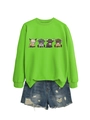 Detail view of neon green sweatshirt with four highland cows and ripped denim shorts - S / Fluorescent Green