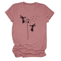 Detail von Löwenzahn- und Vogelprint auf rosa Rundhals-Kurzarm-T-Shirt aus Baumwolle - S / Roségold