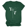 Detail eines dunkelgrünen T-Shirts mit weißem Kolibri-Löwenzahn-Print und Rollärmeln - S / Vintage Grün