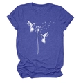 Detailansicht des Löwenzahn- und Vogel-Prints auf dem blauen T-Shirt mit Rundhalsausschnitt - S / Vintage-Blau