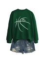 Detailed view of dark green Mom basketball sweatshirt and distressed denim shorts set - Dark Green (White Font)