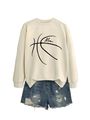 Flat lay of cream crewneck sweatshirt featuring minimalist basketball line art and Mom text - Sand (Black Font)