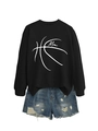Detail of mom basketball sweatshirt featuring white graphic print and distressed denim shorts - Black (White Font)