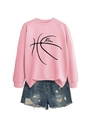 Detail of pink crewneck sweatshirt with Mom basketball graphic and distressed denim shorts - Pink (Black Font)