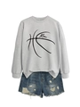 Close-up of Mom basketball print on casual grey long-sleeve sweatshirt with denim shorts - Grey (Black Font)