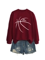 Detailed view of burgundy sweatshirt with basketball Mom print and ripped denim shorts - Wine Red (White Font)