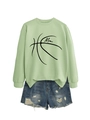 Flat lay of light green Mom basketball sweatshirt and distressed blue denim shorts - Olive Green (Black Font)