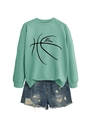 Flat lay of mint green basketball mom sweatshirt with distressed ripped denim shorts - Light Green (Black Font)