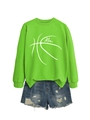 Detail of green long sleeve crewneck sweatshirt with basketball Mom design and denim shorts - Fluorescent Green (White Font)