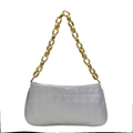 Silver skull embossed baguette bag with chunky gold chain strap on white background - Silver