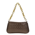 Bronze shoulder bag featuring skull embossed leather and chunky gold chain strap - Dark Brown