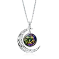 Collier croissant de lune argenté avec pendentif pentagramme coloré et gravure - Style de Pentagramme Vortex Coloré (JY008544-4) / Argent