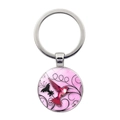 Porte-clés rond en métal avec cabochon en verre motif colibri rose et détails artistiques - Colibri Rose Volant (JY008553-Argent 3)