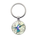 Porte-clés rond en métal avec motif colibri bleu-vert et cabochon en verre - Colibri Bleu-Vert Détaillé (JY008553-Argent 4)