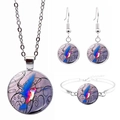 Silver hummingbird jewelry set with purple glass cabochon necklace, earrings and bracelet - Purple Gradient Hummingbird (JY008559-1)