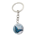 Round silver keychain with vivid blue butterfly glass dome pendant and metallic alloy link - Royal Blue Butterfly Style (JY008579-3)