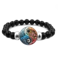 Yin Yang beaded bracelet featuring black glossy beads and an artistic floral nebula charm - Floral Art Yin Yang (JY008565-1)