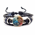 Handmade woven leather bracelet featuring a creative Yin Yang floral glass pendant charm - Blue Flower Yin Yang (JY008564-1)