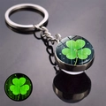 Luminous four-leaf clover keychain with silver metal ring and green glass pendant - Luminous Clover Style (JY008582-8)