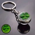 Luminous four-leaf clover keychain with silver metal and detailed glass pendant - Luminous Specimen Waterdrop Style (JY008582-10)