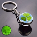 Silver glowing lucky four-leaf clover keychain with double-sided luminous glass ball - Luminous Clover Round Style (JY008582-11)