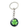 Silver four leaf clover keychain with a green crystal glass lucky charm pendant - Dark Flare Shamrock (JY008590-8)
