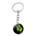 Lucky four-leaf clover crystal glass dome keychain with silver metal ring and black base - Black Background Clover (JY008590-9)