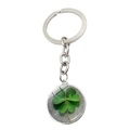Silver keyring featuring a lucky green four-leaf clover crystal glass cabochon pendant - Gray Sand Texture Clover (JY008590-10)
